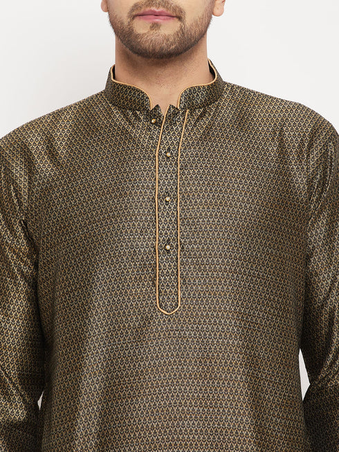 VASTRAMAY Men's Black And Gold Silk Blend Kurta